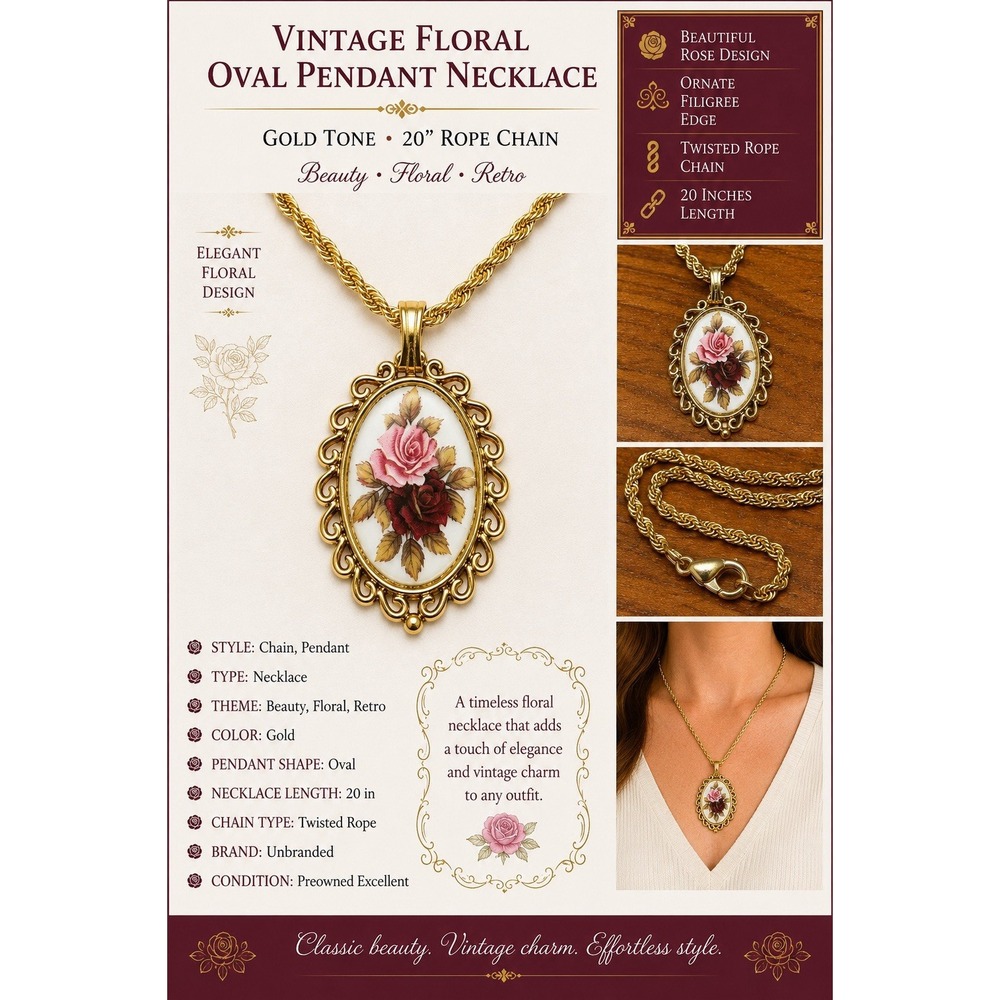 Vintage Gold Tone Rose Floral Filigree Oval Pendant Necklace 20" Rope Chain